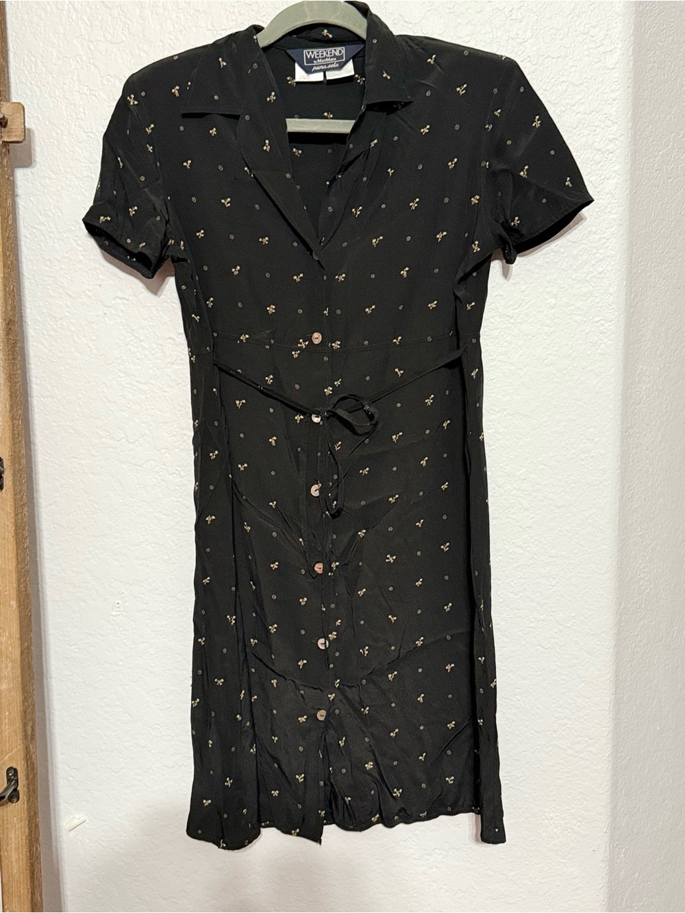 MaxMara Black Short-Sleeve Button-Front Midi Dress with Cream Floral Print
